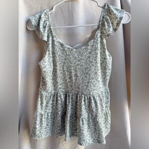 Monteau Green and White Floral Scallop Neckline Babydoll Top